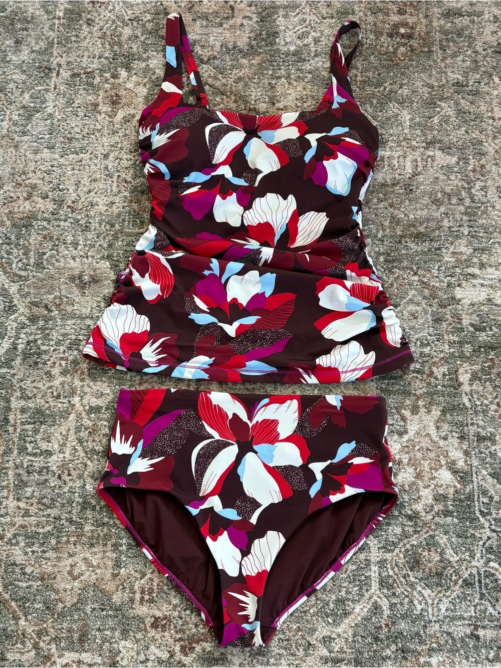 Athleta Hero Bloom Chocolate Swim Tank & High Waist Bottom Set Large 38D/DD - Picture 2 of 9